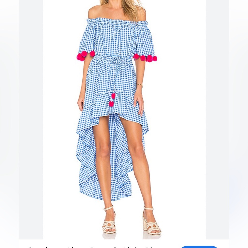 Sundress womans Alena Off-Shoulder Blue Gingham High-Low Dress & Pink Pom Trim S